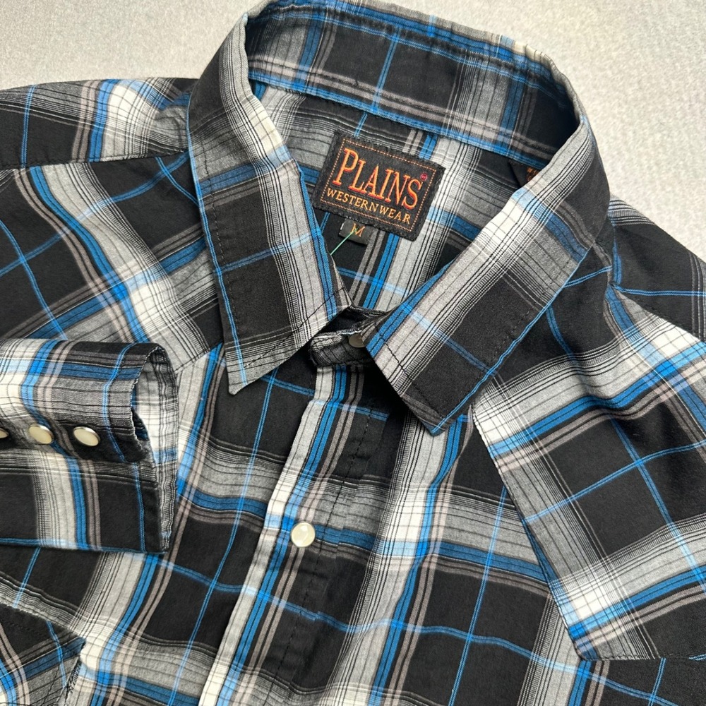 Plains Western Wear Shirt Mens Medium Black Blue Plaid Pearl Snap Long Sleeve
